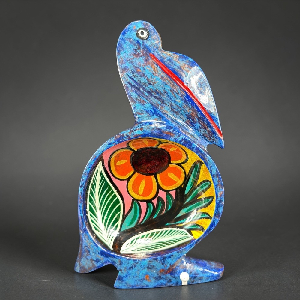 Vintage Hand Painted Wooden Pelican Bowl Floral Folk Art Blue Decorative Dish